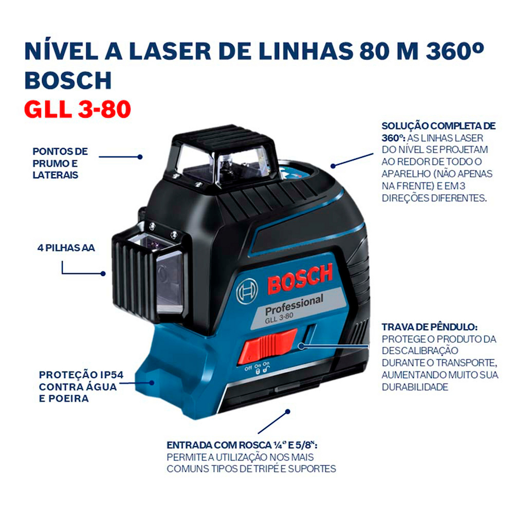 Nível à Laser de Linhas GLL 3-80 Linha Vermelha BOSCH