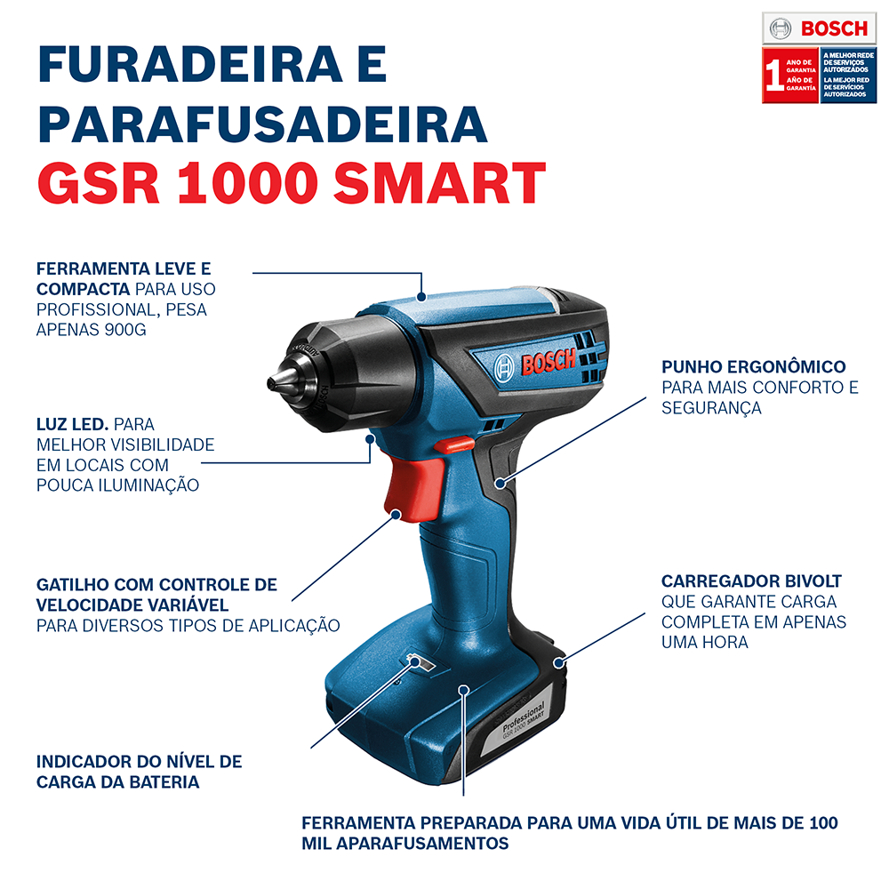 Parafusadeira/Furadeira Ã  Bateria GSR1000 Smart 12V BOSCH