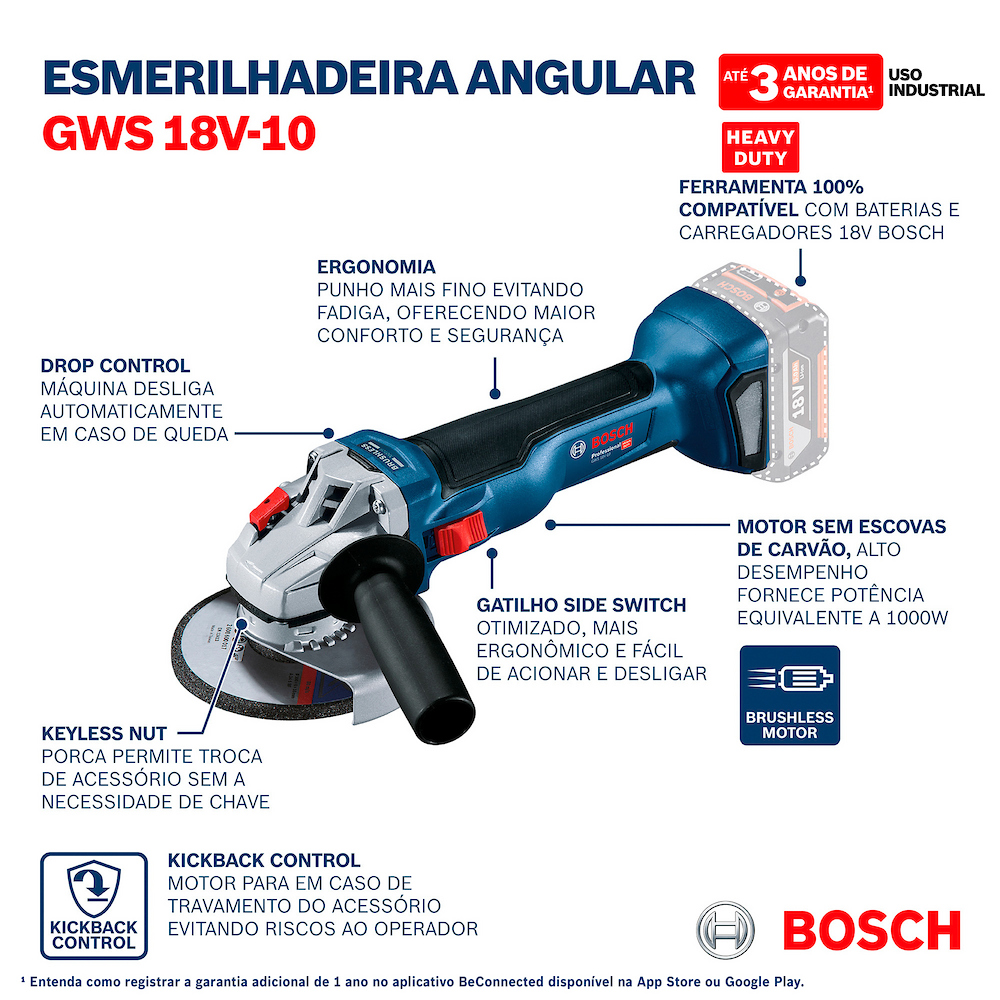 Esmerilhadeira Angular Brushless GWS 18V-10 sem Bateria e Carregador Bosch