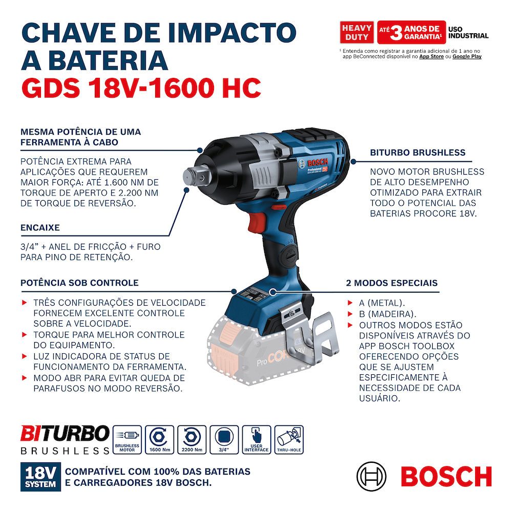 Chave de Impacto 3/4'' 18V GDS 18V-1600 HC sem Bateria e Carregador Bosch