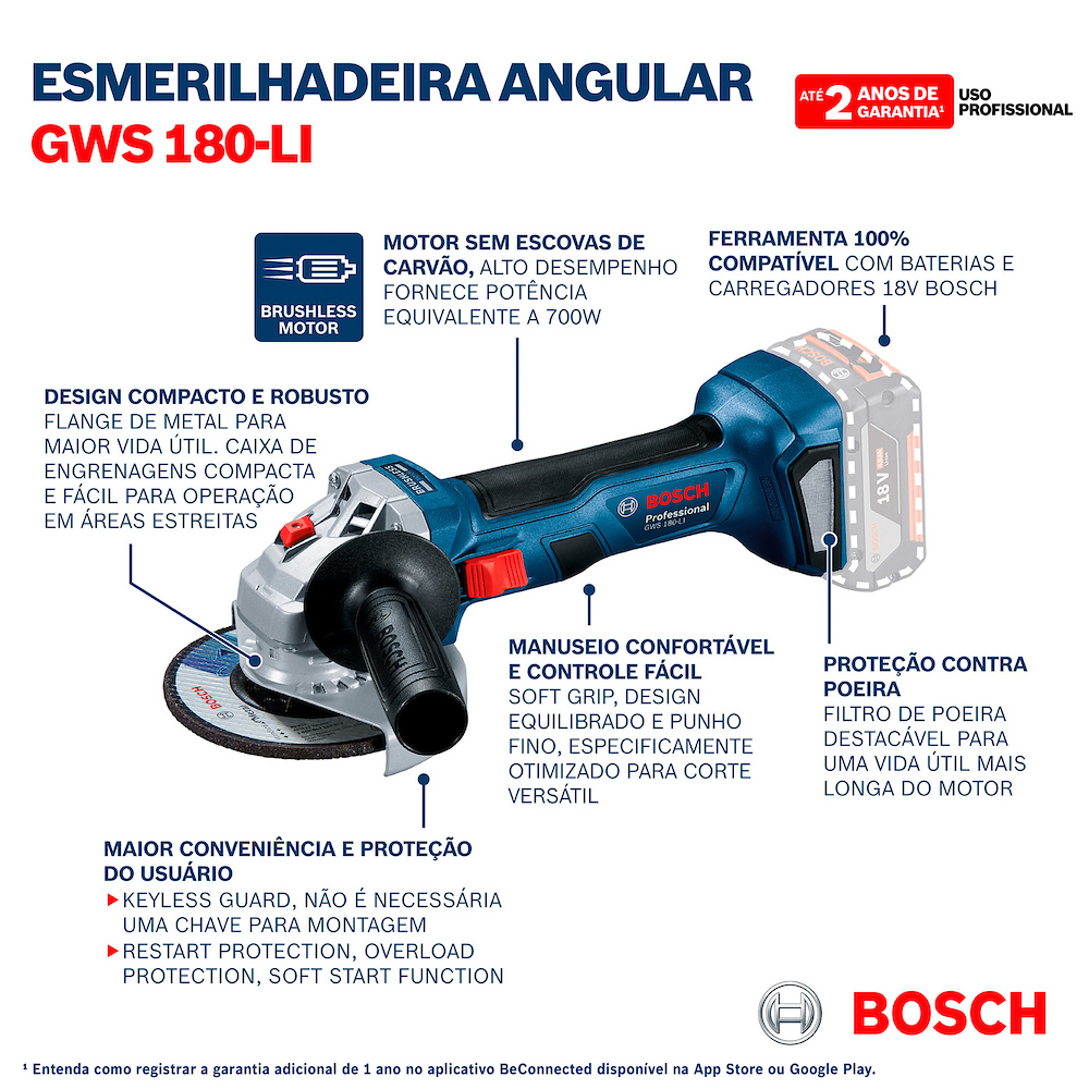 Combo Furadeira de Impacto GSB 185-LI + Esmerilhadeira GWS 180-LI Brushless Bosch